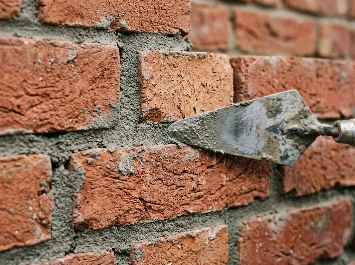 Kelle drückt frischen Fugenmörtel in die Fugen einer Klinkerwand