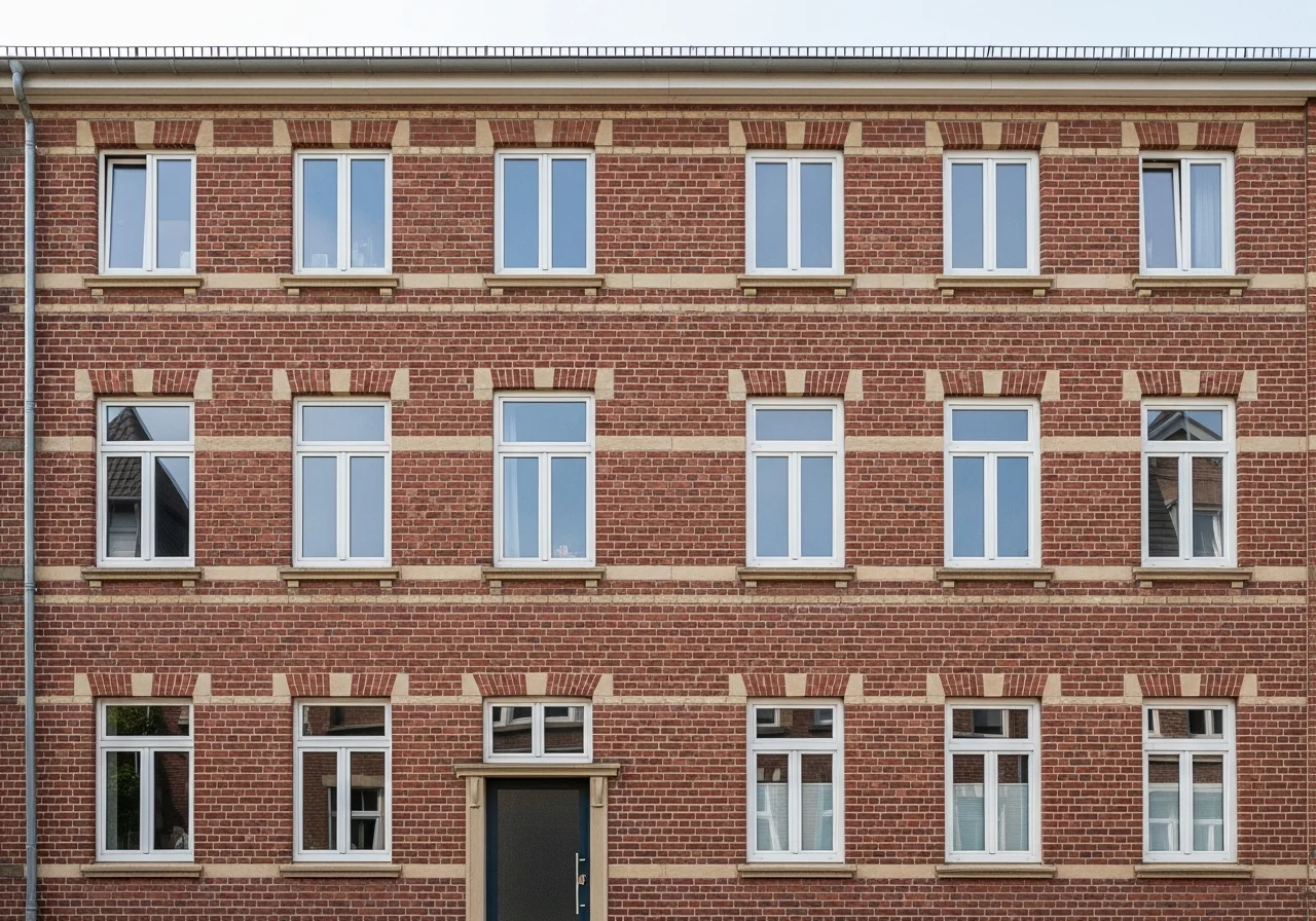 Dieselbe komplette Klinkerfassade nach der Fugen- und Fassadensanierung mit neu verfugtem Mauerwerk