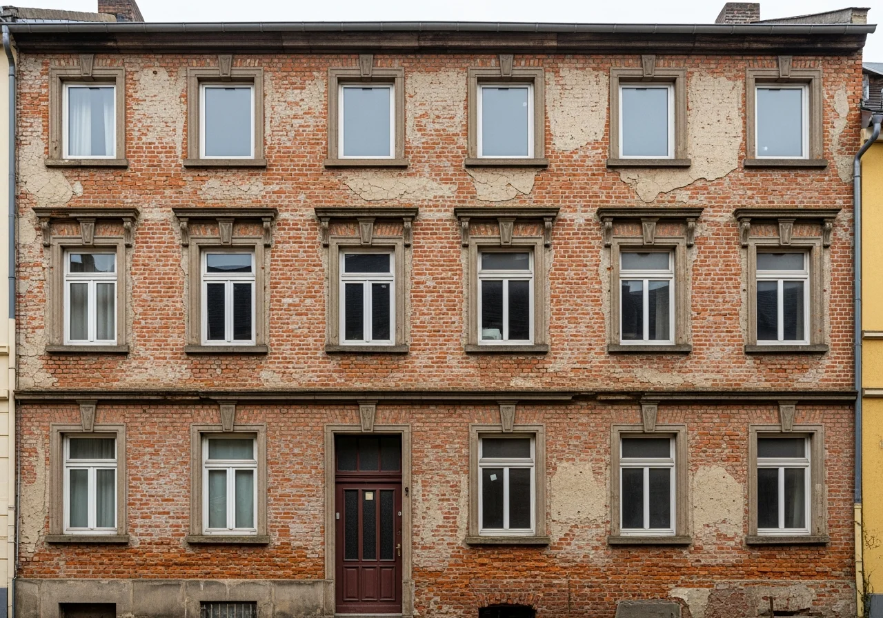 Komplette verwitterte Klinkerfassade eines Mehrfamilienhauses mit schadhaften Fugen vor der Sanierung